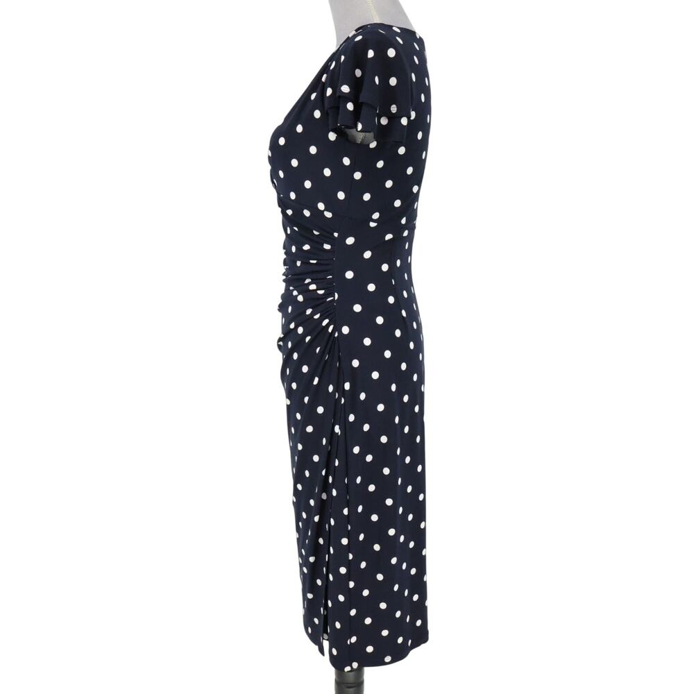 LRL Ralph Lauren Dress Womens 4 Navy Blue White Polka Dot Stretch Knit Faux Wrap - Picture 11 of 15